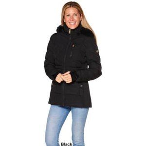 NWT Women Michael Kors Short Chevron Puffer Jacket with Faux Fur Hood, Black L